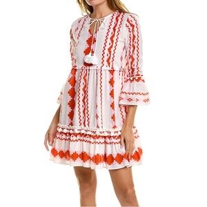 Bindu Kalita Bohemian Red, Pink and White‎ with Pom poms & 3/4 Sleeve Dress - XS